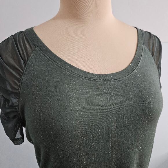 New Jennifer Lopez Metallic Green Women's Top Ruched Mesh Sleeve Large Tee - Picture 5 of 16